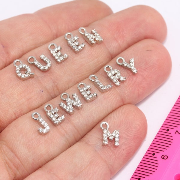 Rhodium Plated Letters, Cubic Zirconia Letter Charms, Micro Pave Letter Beads, Micro Pave Charms, Silver Plated Letter Charms, MBGHRF44