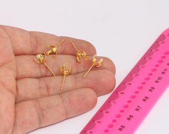 8mm 24k Shiny Gold Ear Posts, Stud Earrings, Ear Pin, Stone Prong Claw Earring Settings, Ear Mountings, Gold Plated Earrings, MBGCMR102