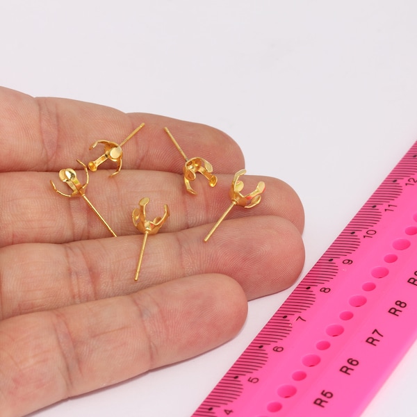 8mm 24k Shiny Gold Ear Posts, Stud Earrings, Ear Pin, Stone Prong Claw Earring Settings, Ear Mountings, Gold Plated Earrings, MBGCMR102