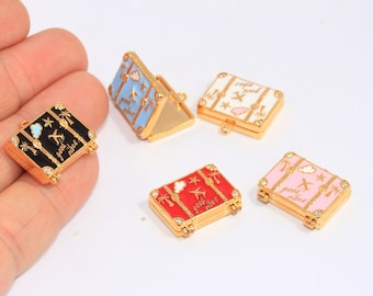 24k Shiny Gold CZ Travel Bag Charms, Enamel Travel Bag Beads, CZ Suitcase Charms, Traveler Lover Necklace, World Traveler Gift, MBGCHK-313-7