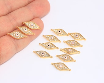 7x15mm 24k Shiny Gold Micro Pave White Stone Evil Eye, Evil Eye Charms, CZ Evil Eye Charms, CZ Beads, Gold Plated Charms, MBGCHK347-6