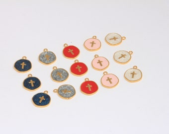 13,5mm 24k Shiny Gold Enamel Cross Charm, Optional Color Enamel Cross Necklace, Cross Coin Beads, Religious Charm, Gold Plated Findings,