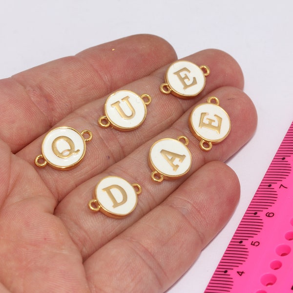 10x14mm 24k Shiny Gold Letter Coins, Alphabet Necklace, Letter Charms, Bracelet Connector, White Enamel Letter Beads, MBGHRF33