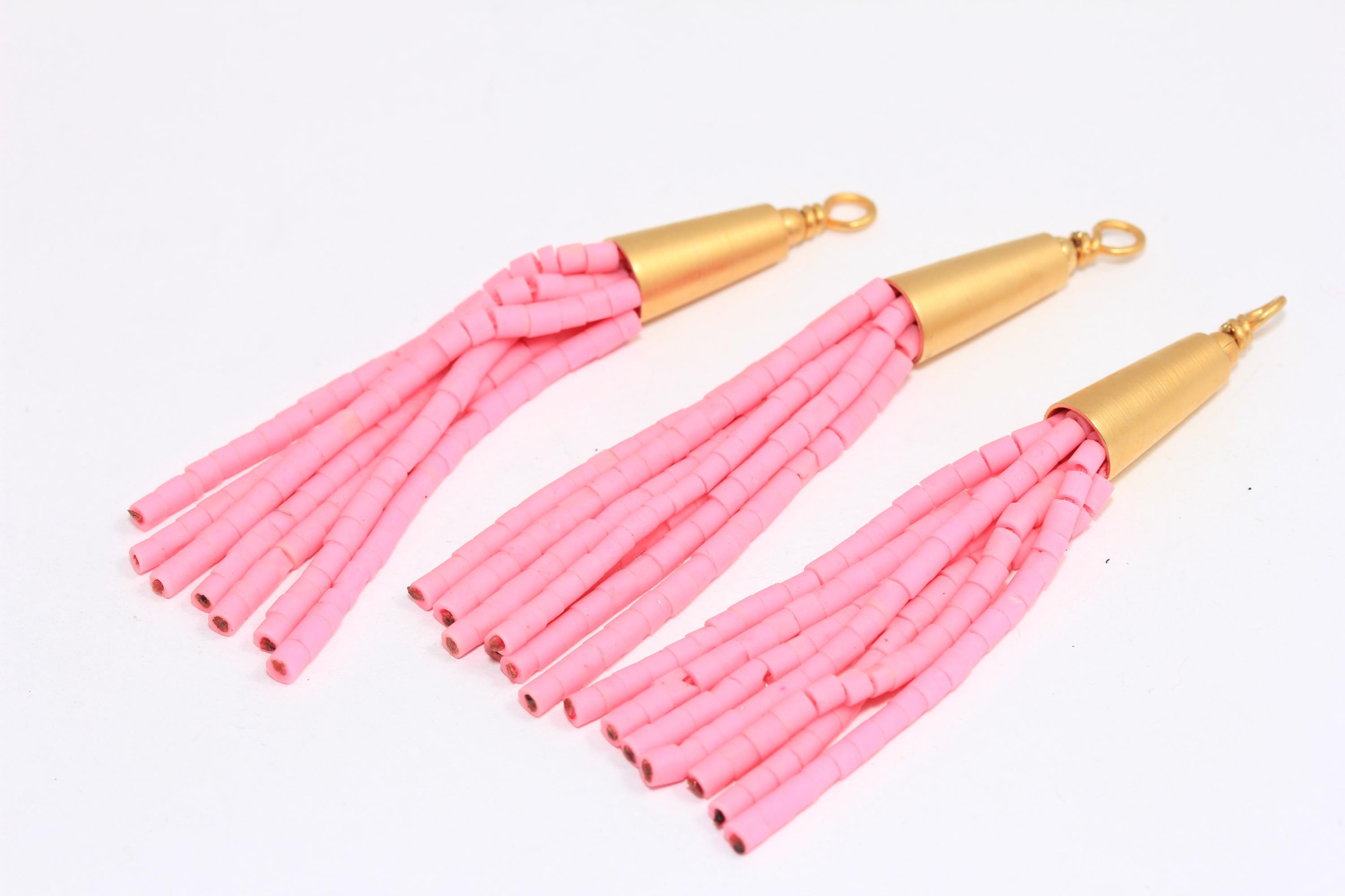 Pompons en perles roses en or brillant 24 carats 60 mm, Pompons roses afghans, Longs glands en perles, Boucles d'oreilles à pampilles, Apprêts plaqués or, MBGBRT347