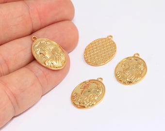 15x21mm 24k Shiny Gold Medallion Charm, Girl Charms, Brass Medallion, Vintage Pendant, Coin Medallion, Gold Plated Findings, MBGBRT624