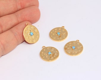 17mm 24k Shiny Gold CZ Star Medallion, CZ Star Charm, Micro Pave Turquoise Stone Stars, CZ Star Pendant, Gold Plated Findings, MBGBXB81-2