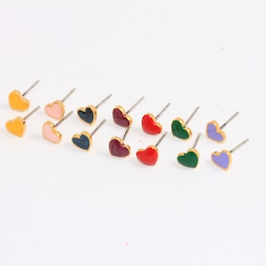 7mm 24k Shiny Gold Heart Studs, Dainty Heart Stud Earrings, Minimalist Earrings, Optional Enamel Color Earrings, Gold Plated Findings, MBG