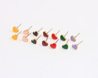 7mm 24k Shiny Gold Heart Studs, Dainty Heart Stud Earrings, Minimalist Earrings, Optional Enamel Color Earrings, Gold Plated Findings, MBG