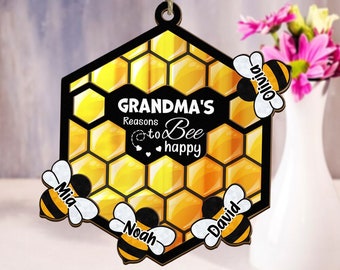 Grandma Bee with Kids Sun Catcher, Personalized Window Hanging From Kids Name,  Mother's Day Gifts from Grandkids, Nana Sun Catcher