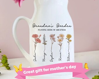 Personalized Grandma Flower Vased, Grandma's Garden Flower Vase, Wildflower Birth Month Gift, Custom Grandkid Name Flower Vase, Mother Gift