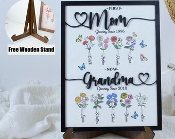 Grandma's Wooden Sign With Birth Flowers, Custom Grandma's Garden Sign, First Mom Now Grandma, Birth Month Flowers Mother Day Gift, Mom Gift