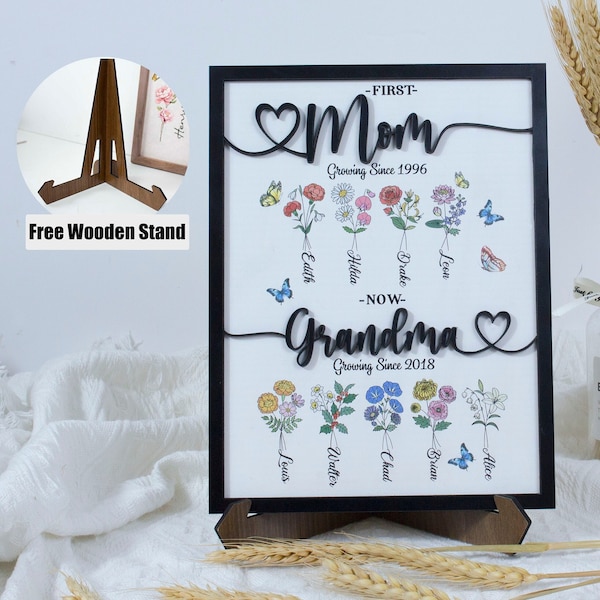 Grandma's Wooden Sign With Birth Flowers, Custom Grandma's Garden Sign, First Mom Now Grandma, Birth Month Flowers Mother Day Gift, Mom Gift