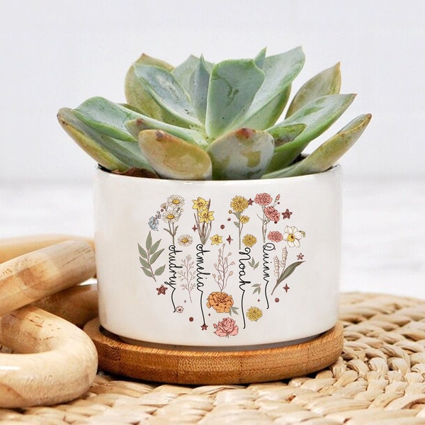 Personalized Birth Month Flower Plant Pot, Custom Birth Month Flowers Mini Plant Pot, Grandma and Grandkids Flower Pot, Gift for Grandma