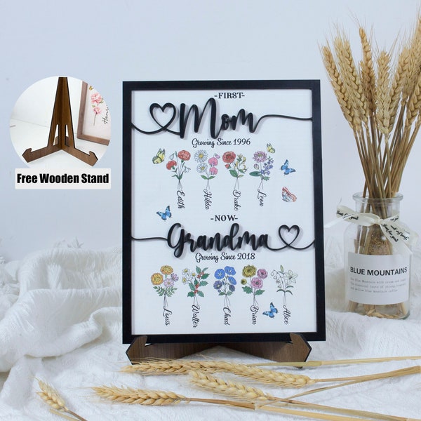 Grandma's Wooden Sign With Birth Flowers, Custom Grandma's Garden Sign, First Mom Now Grandma, Birth Month Flowers Mother Day Gift, Mom Gift