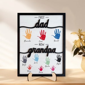 Customized Father's Day Handprint Sign, Handprint Art DIY, First Dad Now Grandpa Handprints Wooden Handprint Sign, Handprint Keepsake