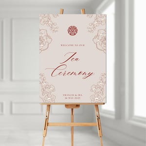 Elegante cartello di benvenuto per la cerimonia del tè cinese / Design minimalista a tema perla