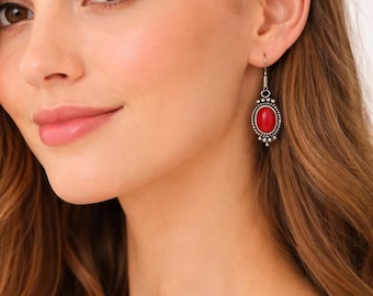 Handmade Red Coral Earrings – Vintage Silver Finish Dangle Jewelry