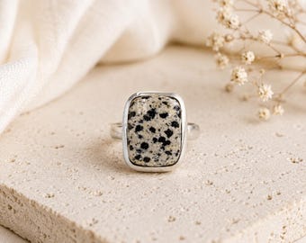 Natural Dalmatian Jasper Sterling Silver Ring, Handmade Statement Ring, Boho Crystal Jewelry