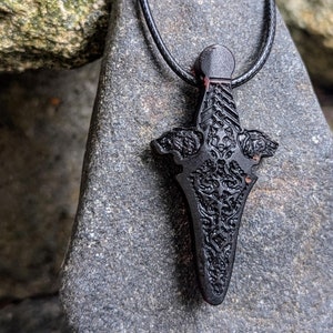 Handcrafted Black Amber Viking Amulet – Nordic Mythology Pendant, Intricately Engraved, Protection Talisman, Unique Gift