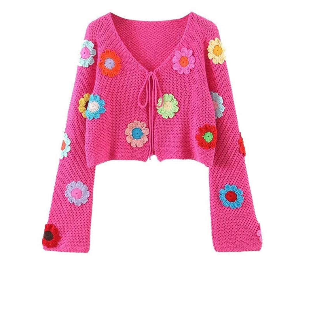 Cute Pink Flower Short Sweater Cardigan Frenum Kawai 3D Etsy
