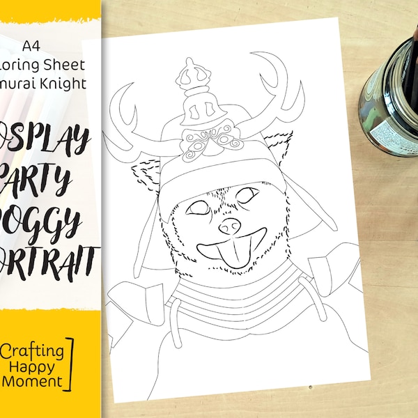 Cosplay Party Coloring Sheet for school holidays Instant Download - Akita Inu in Japanese Samurai Armor | Japanese Samurai Knight