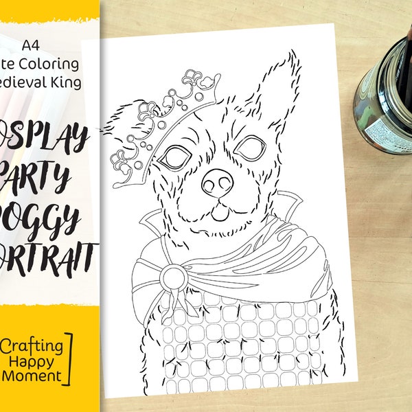 Instant Printable PDF Cute Coloring Chihuahua Dog Cosplay Party Coloring Page for kids - Chiwawa Dog in Medieval King Crown and Mantle