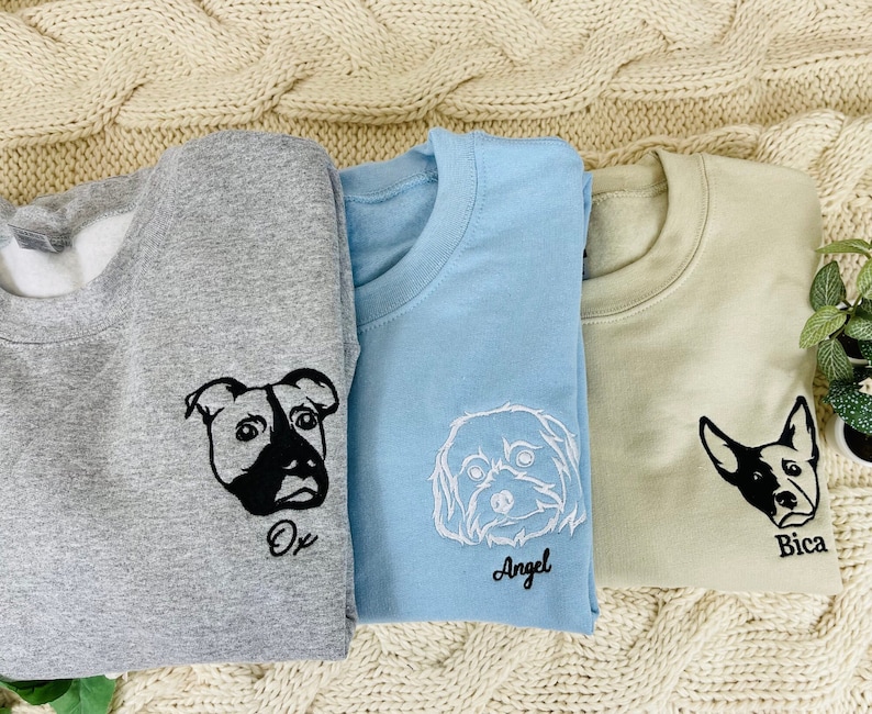 Custom Dog Embroidered Hoodie, Outline Pet Portrait Embroidered Crewneck, Custom Pet Photo Hoodie, Dog Lover Gift, Pet Dog Portrait Hoodie image 3