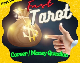 May include: A hand points to a golden money bag with a dollar sign on a dark blue background. The text "Fast Tarot" is written in red and white. The text "Career/Money Question" is written in green. The background is yellow with a glittery texture.