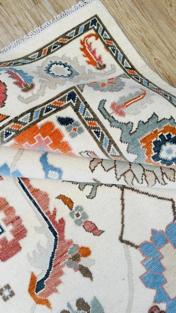 Vibrant Ivory Oushak Rug | Soft Pastel Floral Medallions Field Carpet | Boho Vintage Inspired Hand Knotted Decor | 6x9 8x10 9x12 10x14 12x15