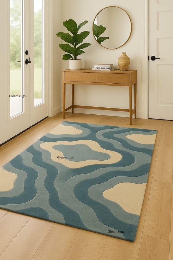 Modern Tufted Wave Rug | Blue, Teal & Beige Organic Flow Design | Handcrafted Abstract Rug | Livingroom, Kitchen, Bedroom, Hallway, Kidsroom