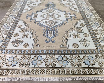 Beige Hand Knotted Wool Rug | Vintage Inspired Serapi Area Carpet | Ivory Camel Geometric Medallion Rug | Custom Size Living Room Rug