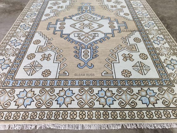 Beige Hand Knotted Wool Rug | Vintage Inspired Serapi Area Carpet | Ivory Camel Geometric Medallion Rug | Custom Size Living Room Rug