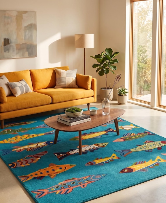 Colorful Fish Motif Rug | Hand Tufted Modern Nautical Nursery Carpet | Kids Ocean Theme Rug | Marine Life Coastal Area | Playroom Home Decor
