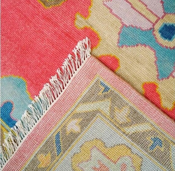 Vibrant Multicolor Oushak Rug | Abstract Floral Geometric Motifs | Handmade Floor Area Rug | Pink Center Turquoise Border | New Zealand Wool