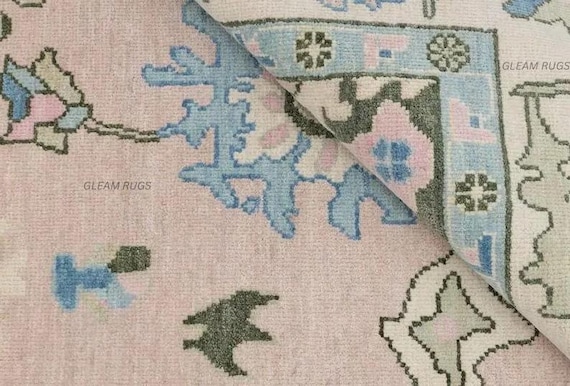 Soft Pink Oushak Rug | Large Handmade Floor Rug | Floral Geometric Pattern | Blue Cream Olive Accents | 100% New Zealand Wool Area Carpet