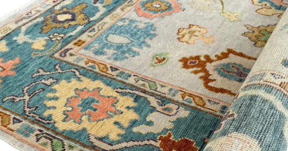Hand-Knotted Oushak Rug: Beige Wool & Cotton New Zealand Wool