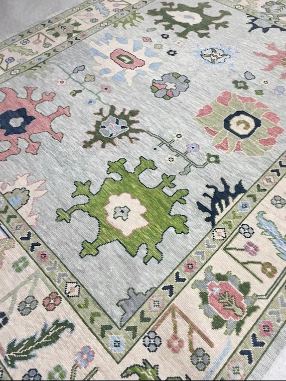 Silvery Grey Hand Knotted Wool Rug | Vintage Inspired Oushak Area Rug | Lime Green Coral Pink Carpet | Custom Size Coastal Living Room Rug