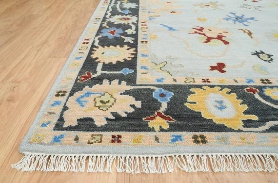 Light Blue Oushak Rug | Dark Border Carpet Red and Gold Floral Geometric Motifs | Classic Boho Style | Hand Knotted Wool Area Rug