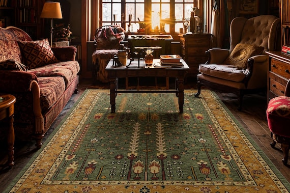 Sophisticated Emerald Green Oushak Rug | Botanical Garden Floral Carpet | Handmade Tree of Life Bird Motif | HandKnotted Turkish Style Decor