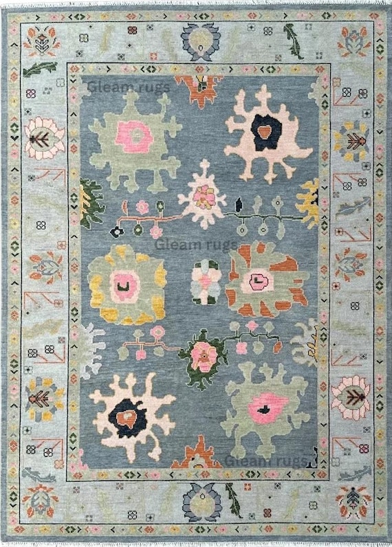 Hand Knotted Wool Area Rug, Blue Grey Oushak Rug, Handmade Turkish Style Floral Carpet, Vintage Inspired | Living Room Rug, Pastel Area Rug