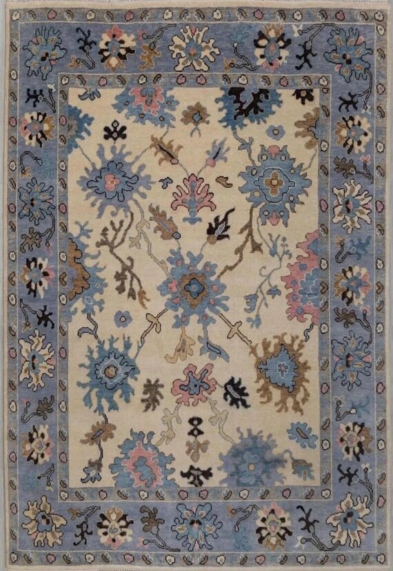 Hand-Knotted Beige Oushak Rug: Wool & Cotton, Floral Design