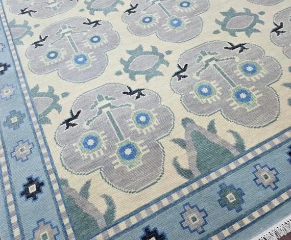 Cream Hand Knotted Wool Rug | Turkish Style Oushak Area Rug | Slate Grey Sky Blue Border Carpet | Custom Size Coastal Living Room Rug