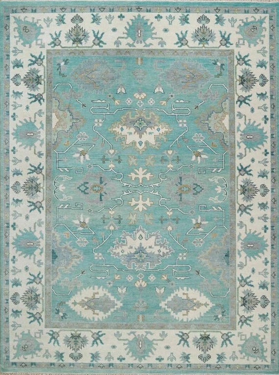 Turkish Style Oushak Rug, Aqua Blue Wool Area Rug, Traditional Mint Turquoise Floral Carpet for Bedroom, Coastal Chic Vintage Style Rug