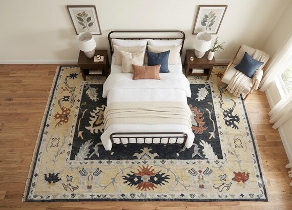 Majestic Handmade Oushak Rug | Dark Blue Center, Cream Border | Symmetrical Floral & Geometric Motifs | 6x9 7x10 8x11 9x12 10x13 11x14 12x15