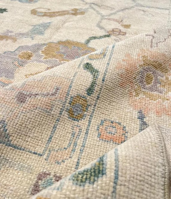 Hand-Knotted Beige Oushak Rug: Turkish Style Wool & Cotton, Contemporary Style
