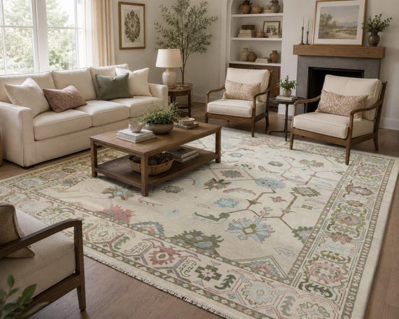 Exquisite Ivory Oushak Rug | Symmetrical Botanical Floral Pattern Area Carpet | Hand Knotted Traditional Wool Decor | 8x10 9x12 10x14 12x15