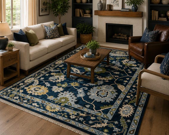 Magnificent Blue Oushak Rug | Hand Knotted 4x6 to 12x18 Contemporary Carpet | Soft Wool Handmade Rug Living Room, Office, Bed Room, Kitchen