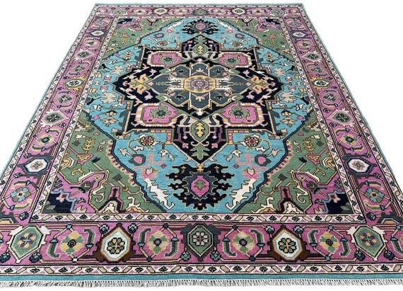 Mesmerizing Pink Oushak Rug | Turkish Style Medallion Carpet | Botanical and Geometric Motifs | Airy Blue & Sage Green Field, Cream Border