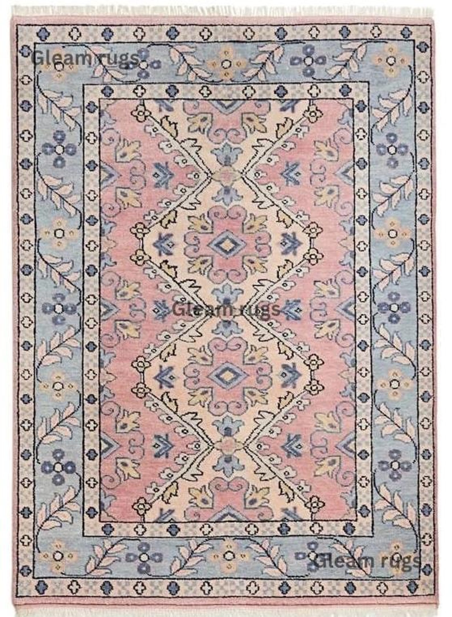 Hand-tufted Wool Rug: Pink & Blue Floral Geometric Design - Etsy