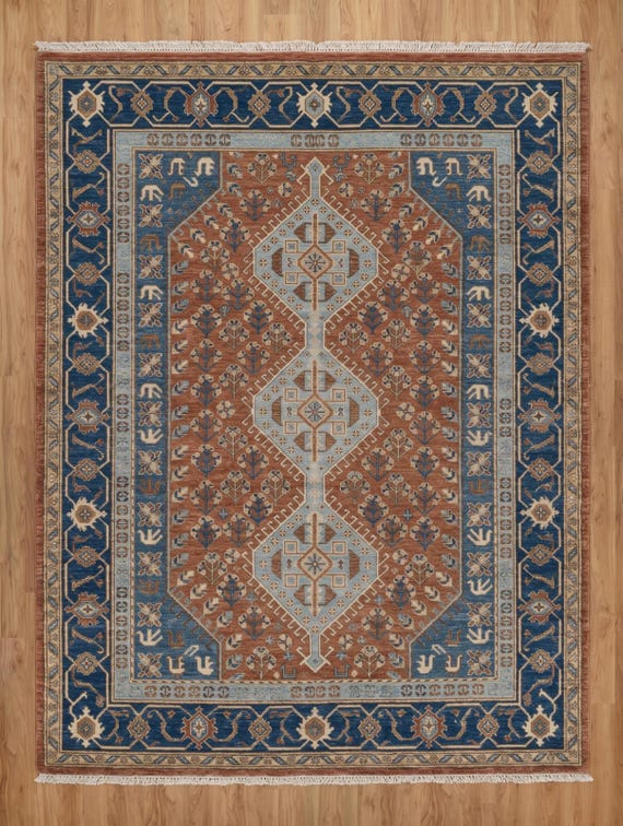 Traditional Rust Oriental Rug | Geometric Diamond Medallion Pattern | Handmade Floral Area Decor Ornate Border | All Custom Sizes Available